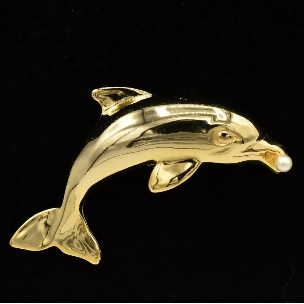 Vintage Figural Dolphin Pin Brooch Pearl Gold Tone 2.5